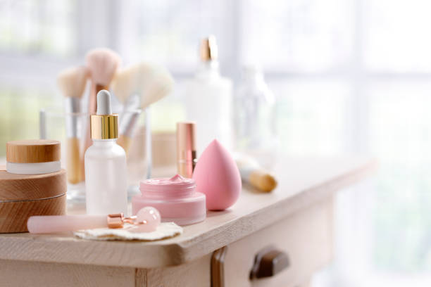 Little rustic table with skin care and make-up equipment